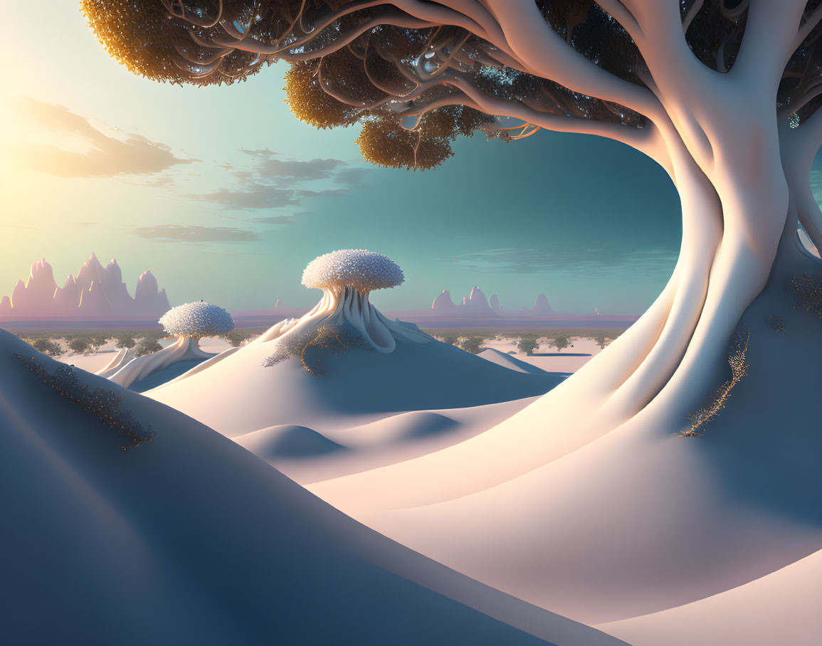 Surreal snowy landscape with oversized tree-like structures and mushroom-shaped canopies under a pastel sky