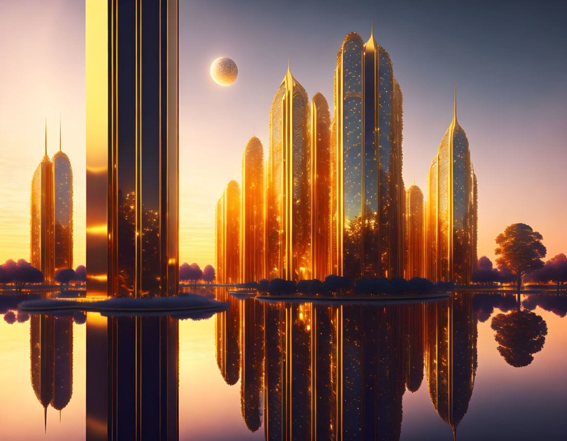 Golden skyscrapers in futuristic cityscape at sunset