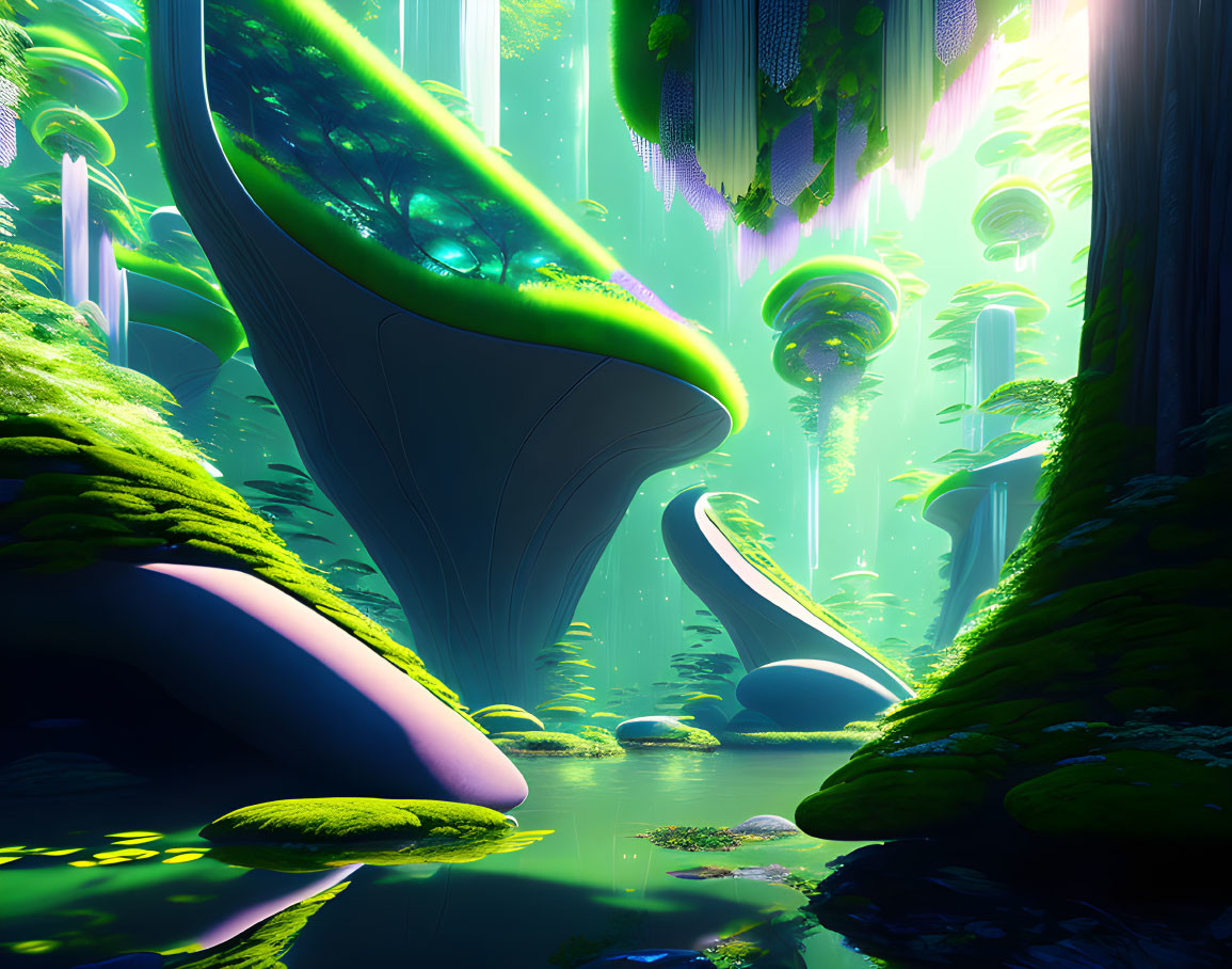 Alien landscape with towering mushrooms, green lights, mist, and reflective water.