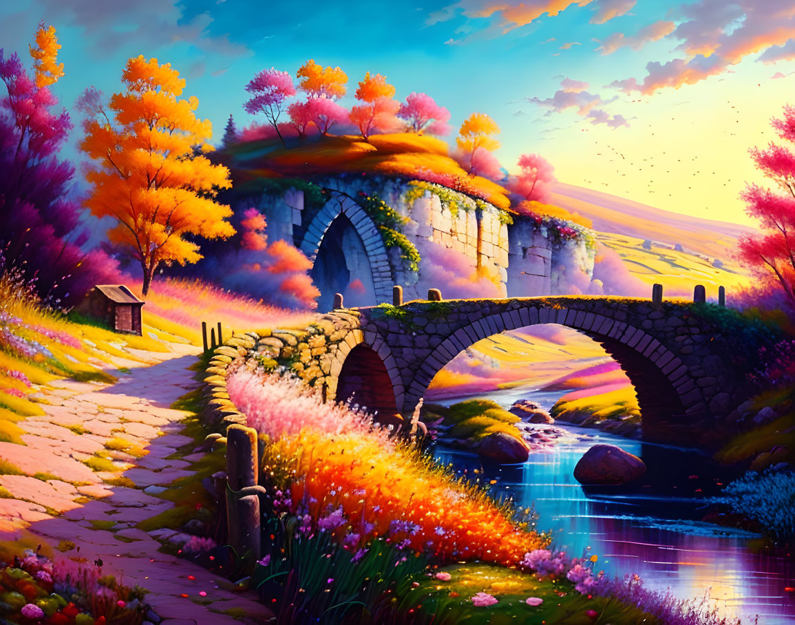 Colorful Landscape with Stone Bridge, Stream, Autumn Trees, and Cottage