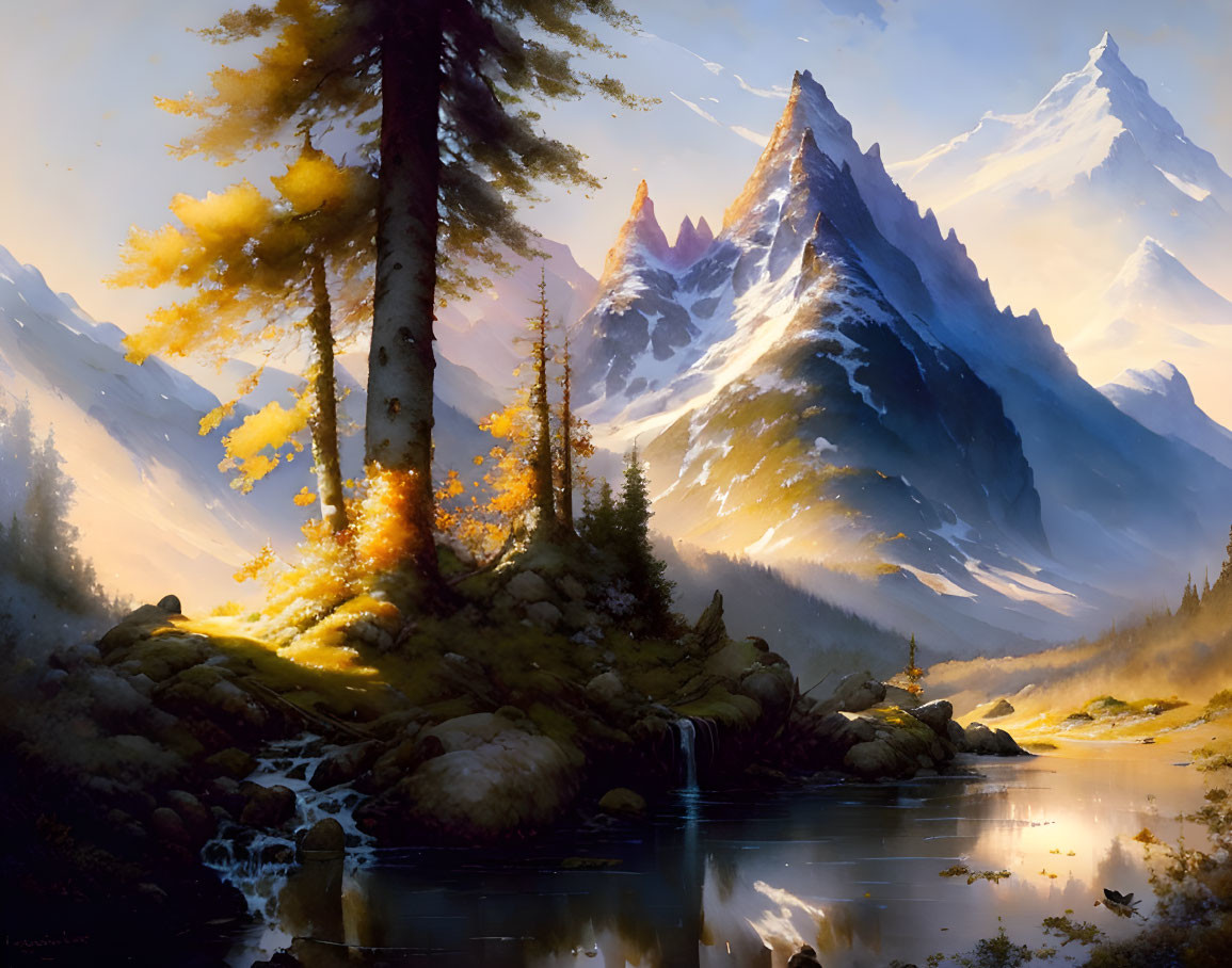 Serene river landscape with pine trees, rocks, and sunlit mountains