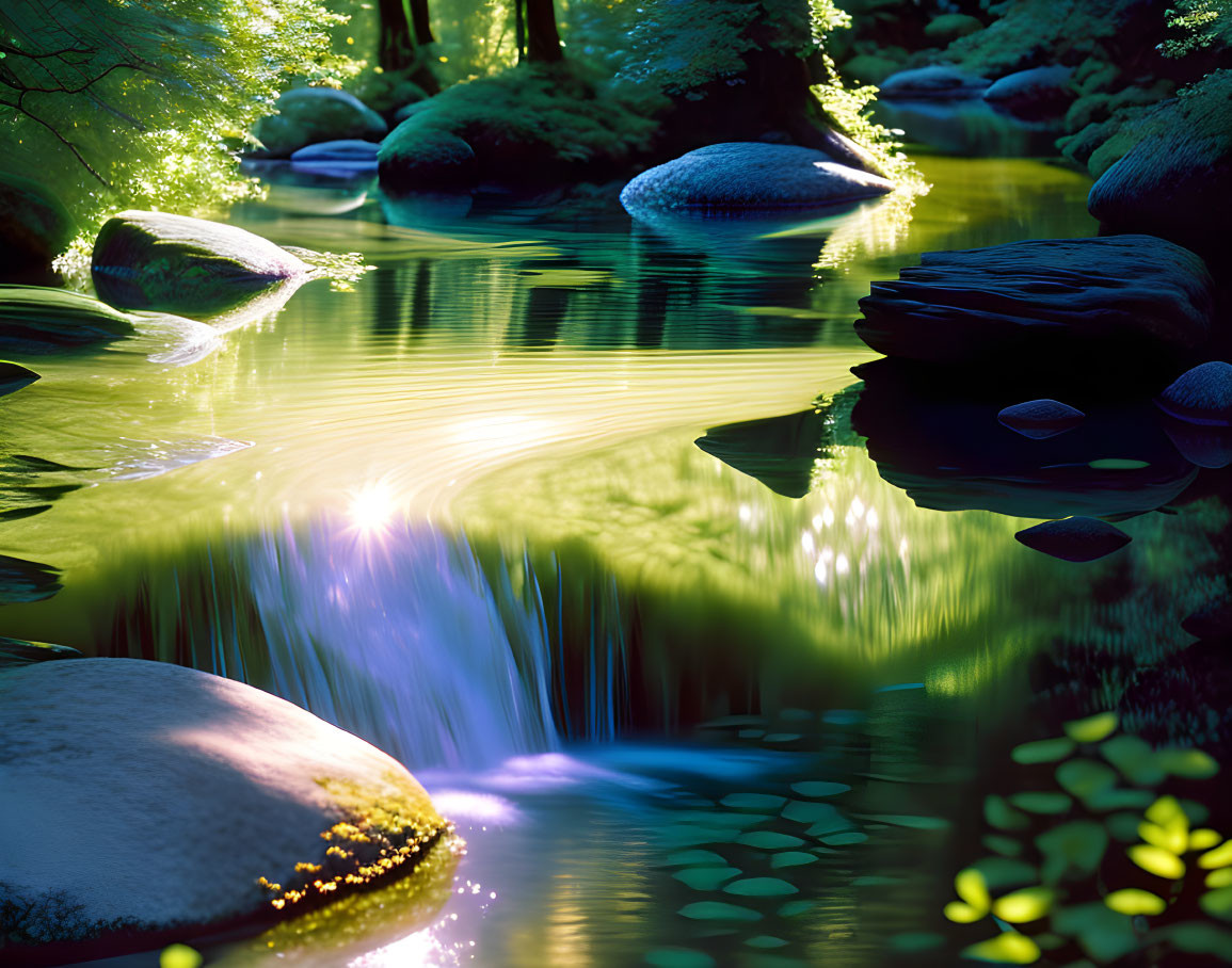 Tranquil forest scene: small waterfall, sunlight reflections