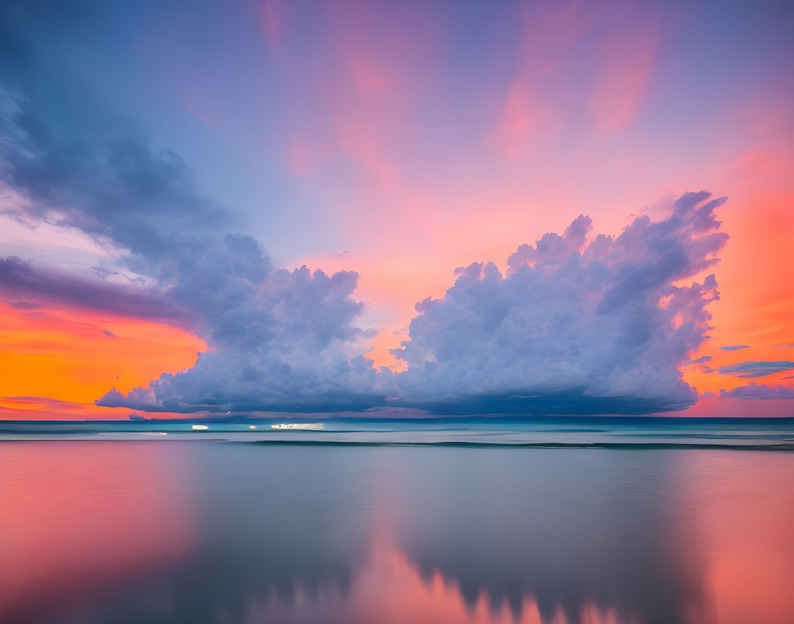 Tranquil sunset seascape with pink and blue sky reflected on calm water