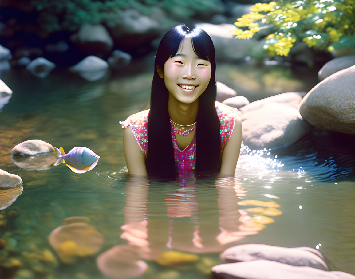 Smiling girl with long black hair in clear pond with fish and sunlight