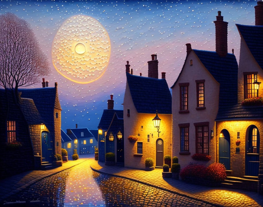Nocturnal village scene with glowing street lamps and detailed moon