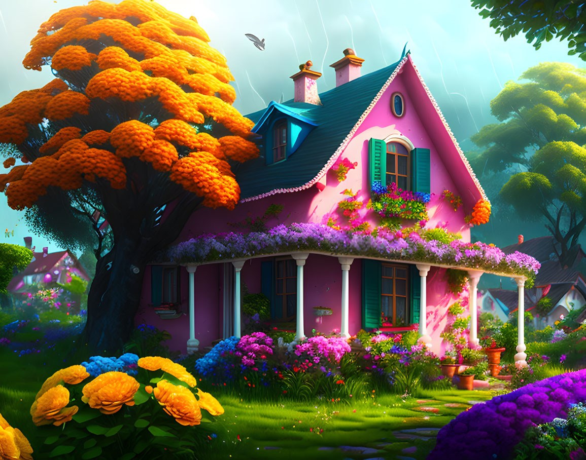 Colorful illustration of quaint pink house in lush garden