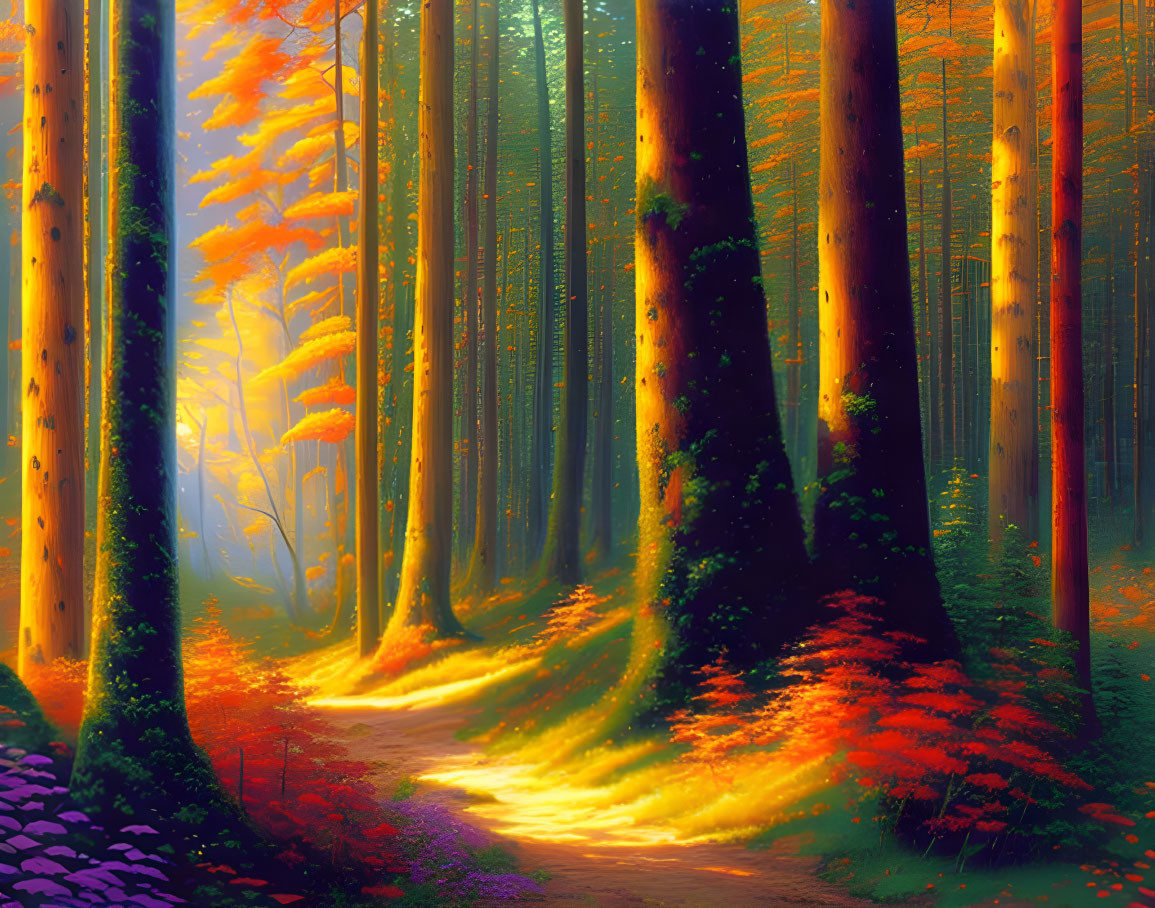 Lush forest landscape with tall trees, sun rays, and autumn leaves