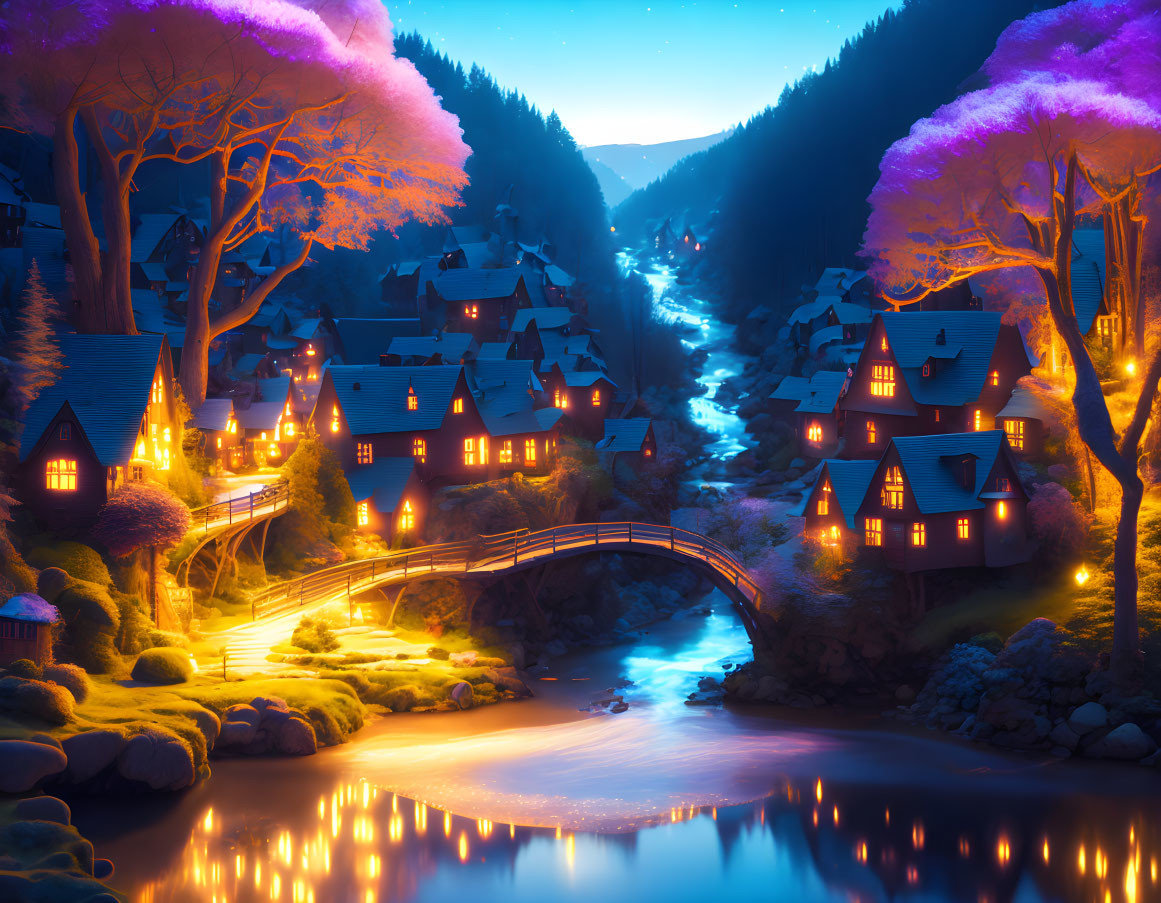 Twilight fantasy village with glowing windows, tranquil river, purple trees, starry sky