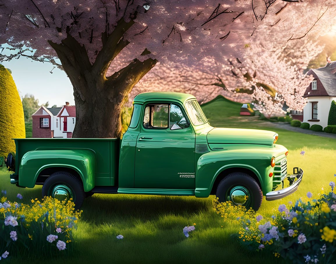 Vintage Green Pickup Truck Parked Under Blossoming Tree in Suburban Landscape