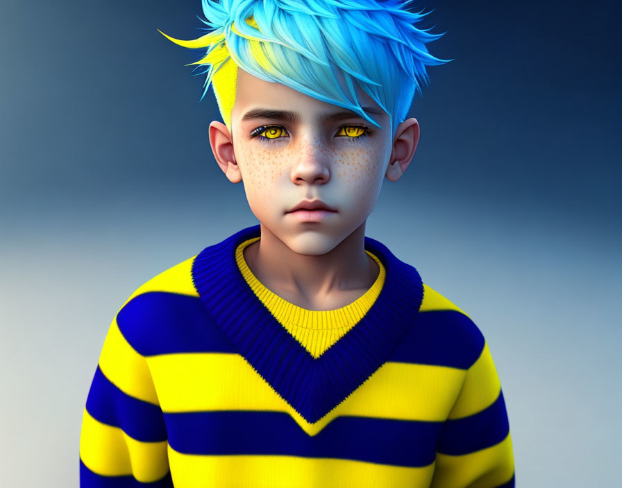 Detailed 3D illustration of a boy with blue hair, yellow eyes, freckles, in