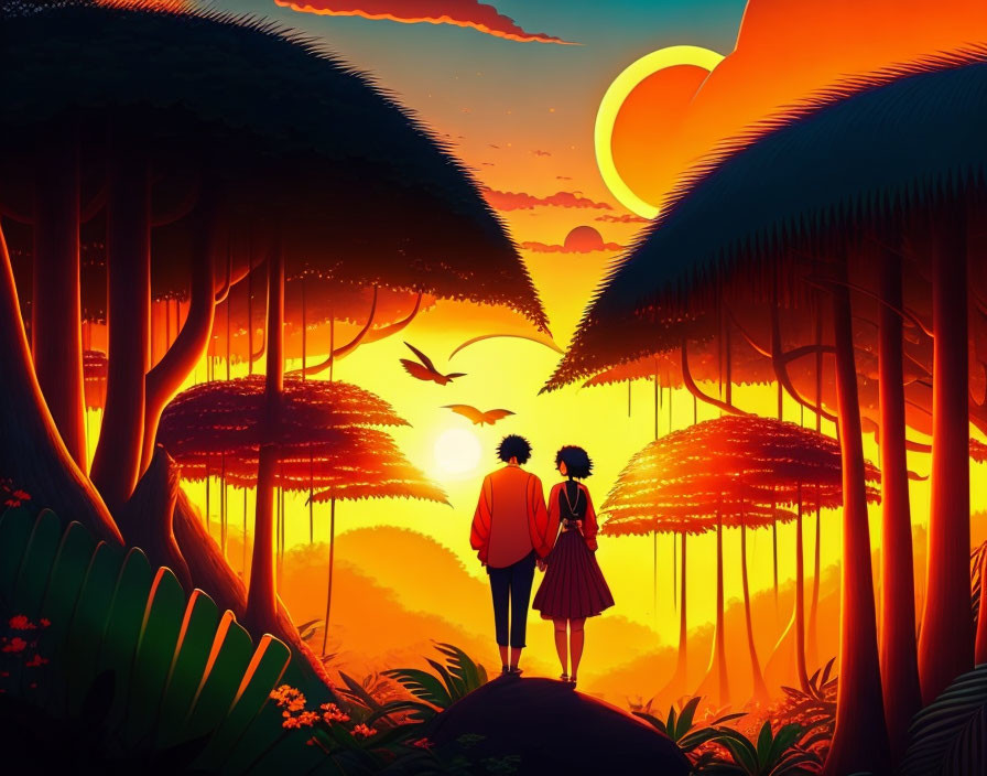 Couple in lush forest at sunset with exotic tree silhouettes and crescent moon