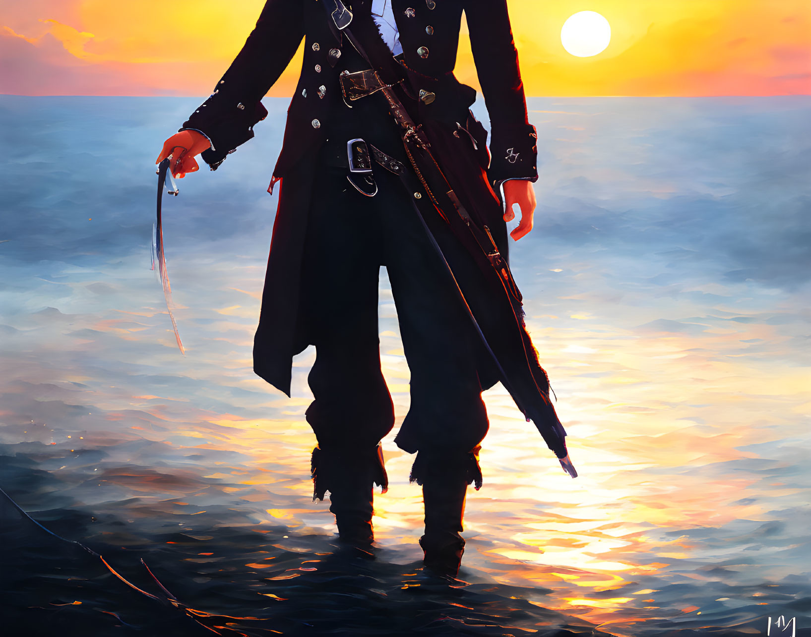 Pirate costume person with sword on water at sunset