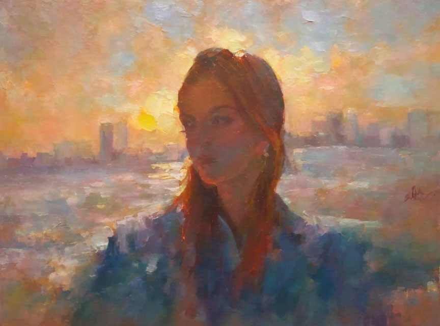Profile of a Woman in Sunset Cityscape with Warm Glow