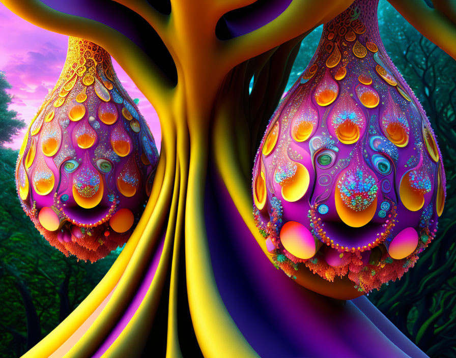 Psychedelic digital artwork: Vibrant tree-like structures with glowing orbs in twilight forest