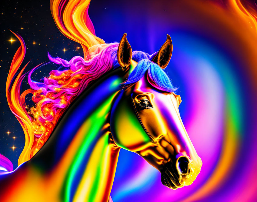 Colorful horse with multicolored mane in cosmic neon background