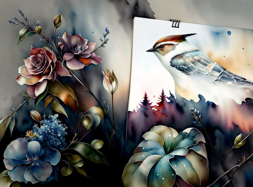 Vibrant bird, flowers, and landscape on watercolor background
