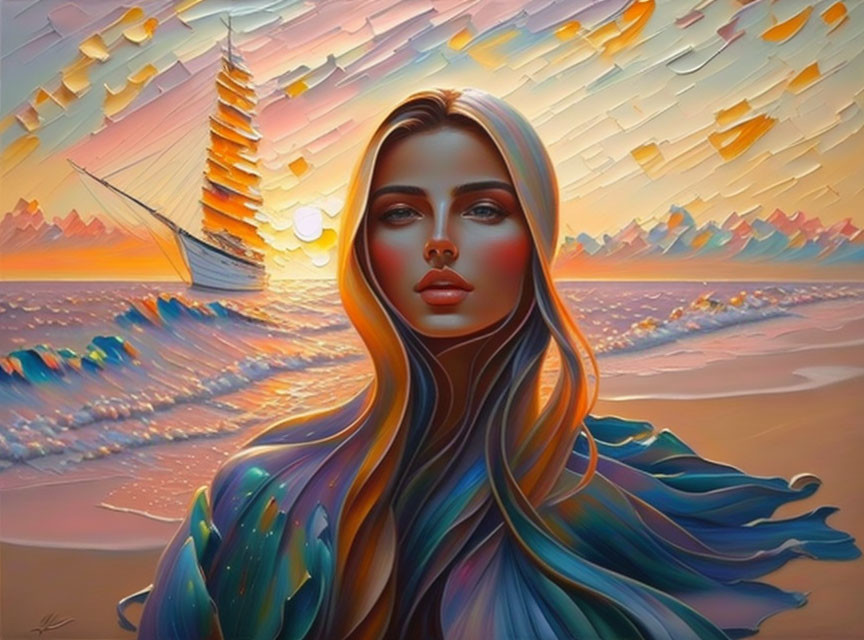 Surreal portrait of woman with flowing hair merging into sea at sunset beach