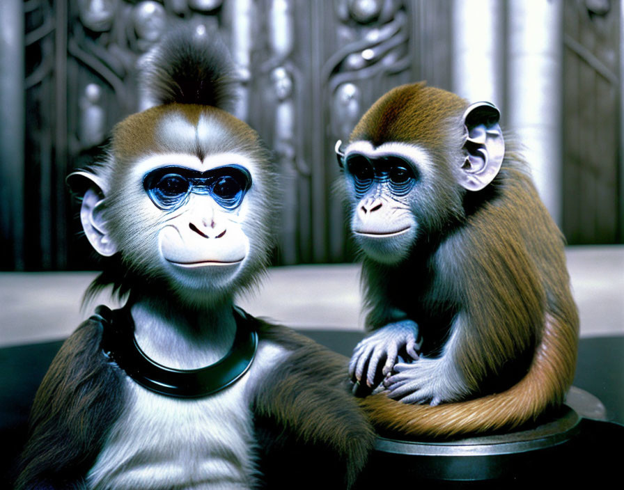 Stylized monkeys with exaggerated eyes on metallic background