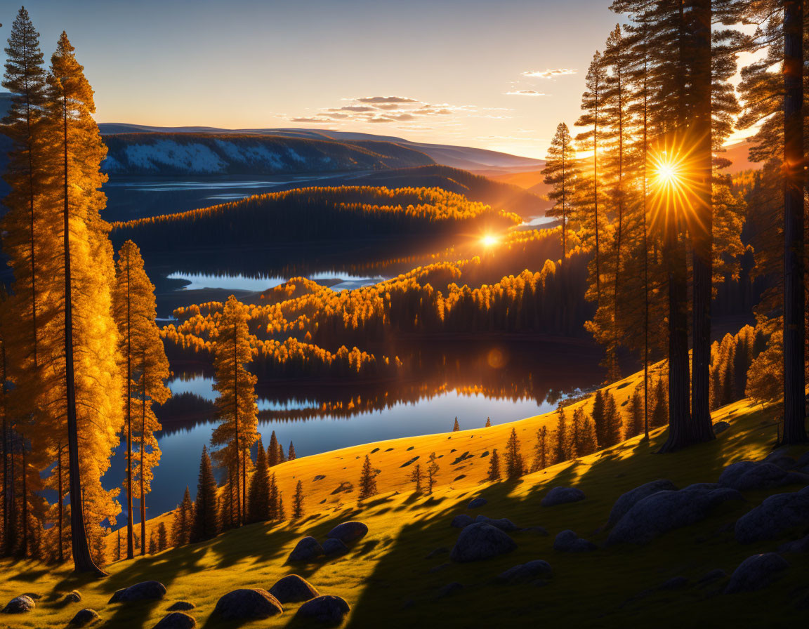Serene lake sunset with forest, mountains, and golden light