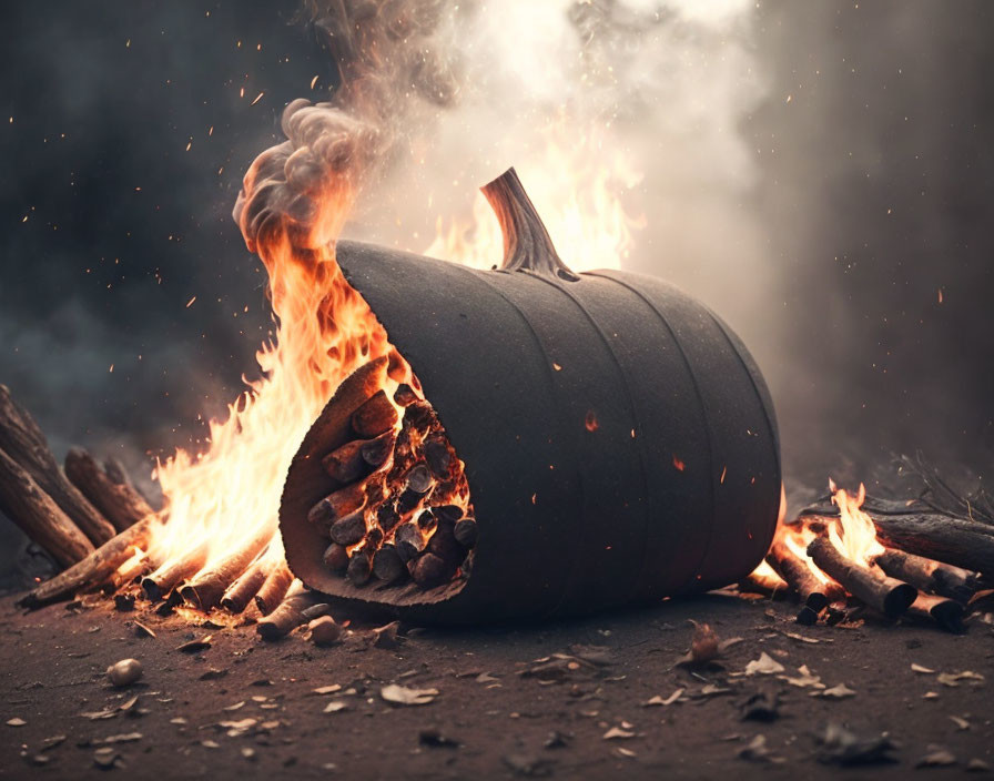 Flaming carved pumpkin surrounded by burning wood and embers.