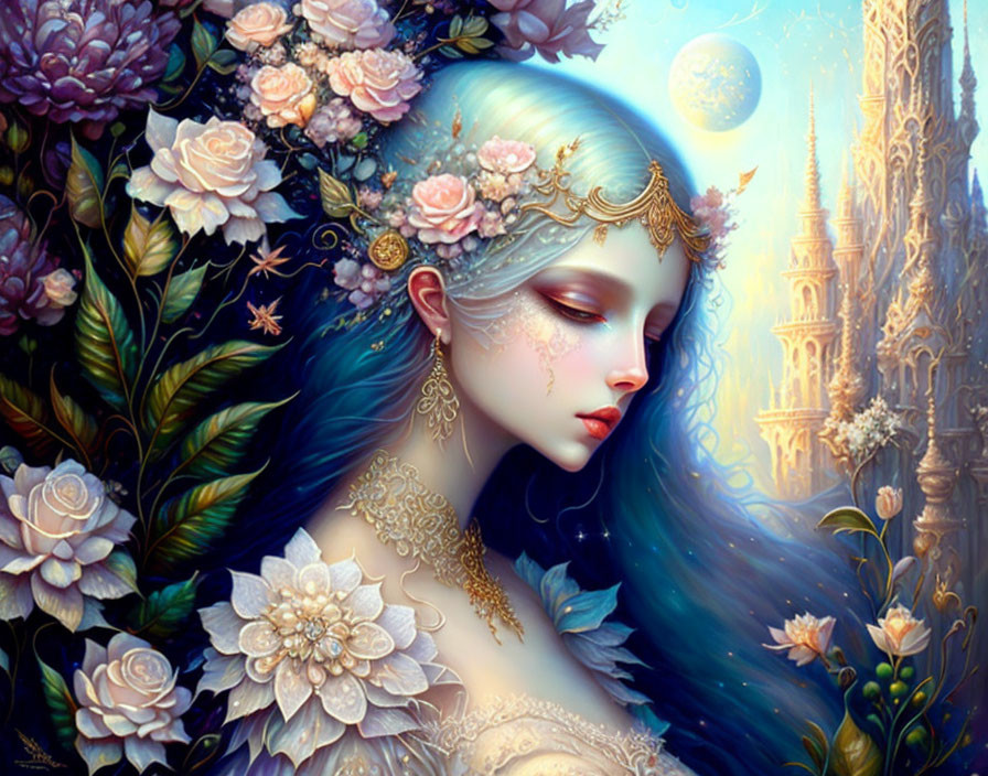 Fantasy art of woman with blue hair in floral setting