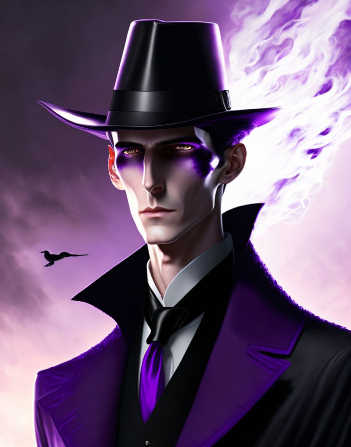Illustration of a mysterious gentleman with a top hat and crow in a purple aura.