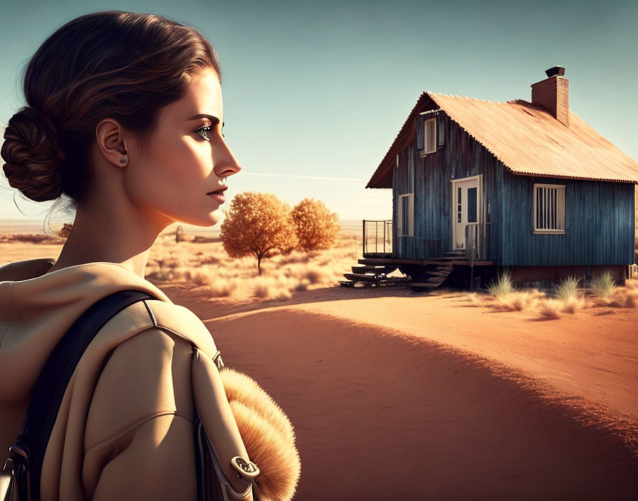 Woman with Bun and Backpack in Desert Setting with Blue House