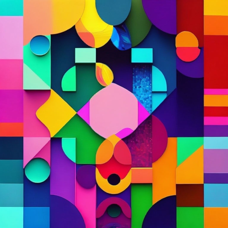 Colorful geometric abstract art with circles, squares, and puzzle pieces interlocked