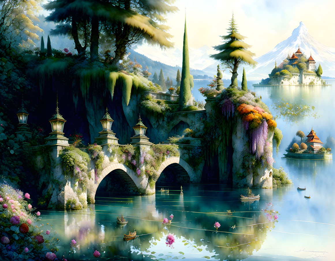 Tranquil fantasy landscape with stone bridge, lake, flora, boats, and castle