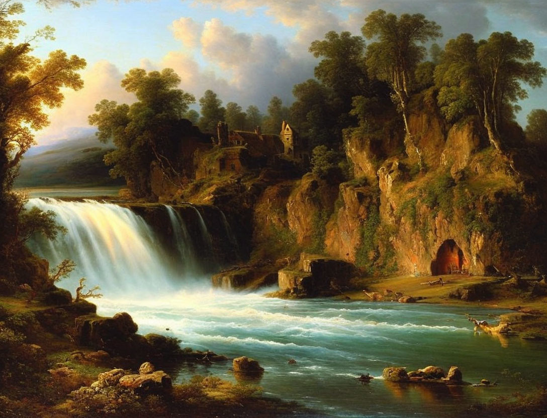 Tranquil landscape painting: waterfall, river, lush trees, cliff-side church, cave with figures