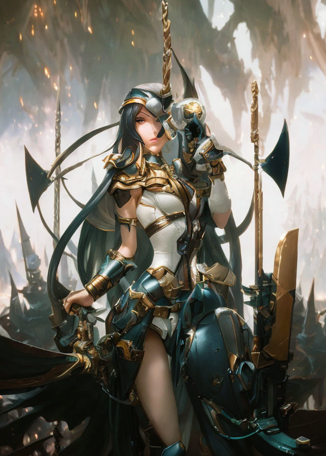 Female warrior in golden & blue armor with spear in ethereal setting