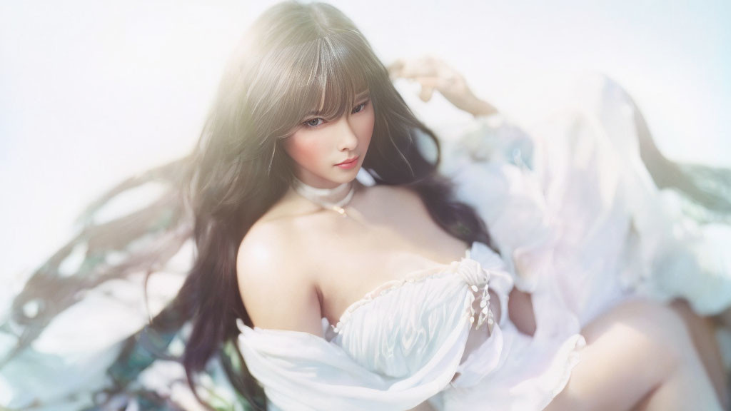 Long-haired doll in white dress with choker, posed in soft backlit glow