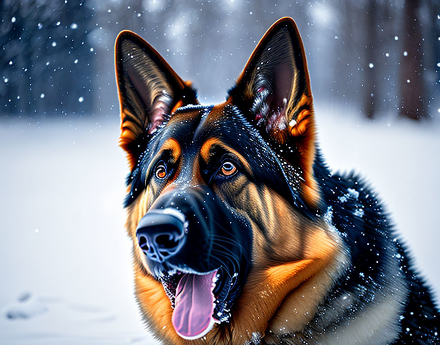 German Shepherd Dog with Perked Ears in Snowy Landscape