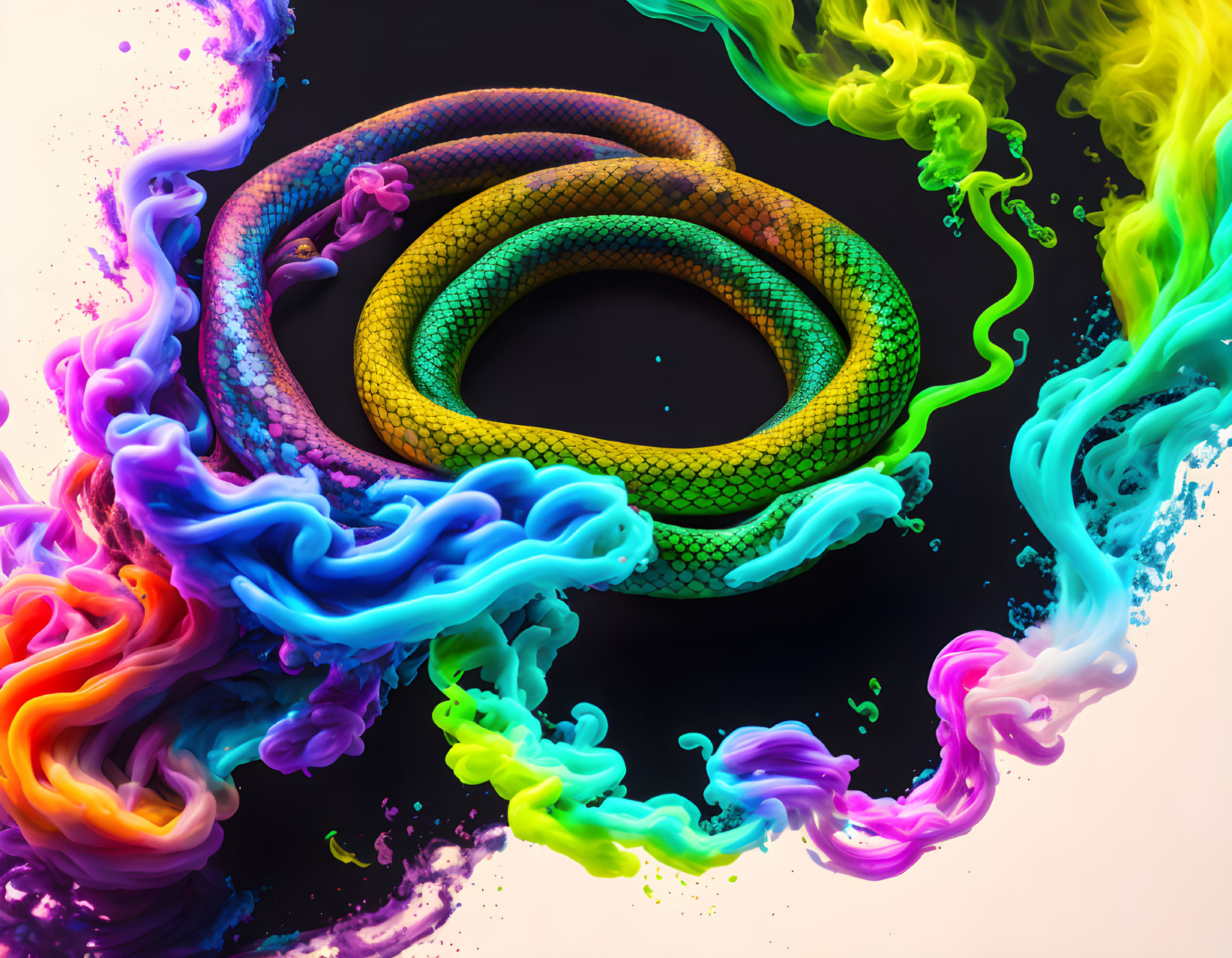 Colorful Coiled Snake Artwork with Ink Swirls on Black Background