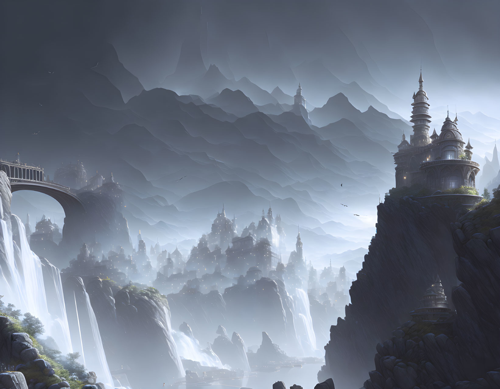 Mystical city with waterfalls, spires, bridges in foggy mountain landscape