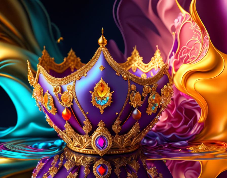 Intricate Golden and Purple Crown with Jewels on Vibrant Swirling Background