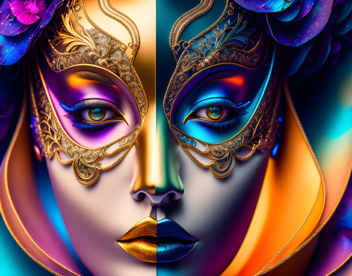 Vibrant digital illustrations: Women in carnival masks, warm and cool tones