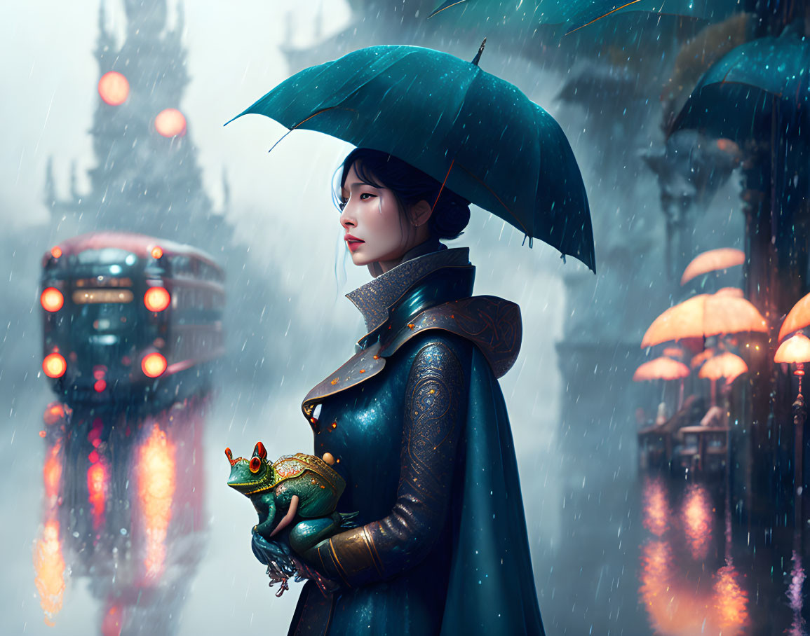 Woman with umbrella holding frog in rain at night with neon-lit vehicles