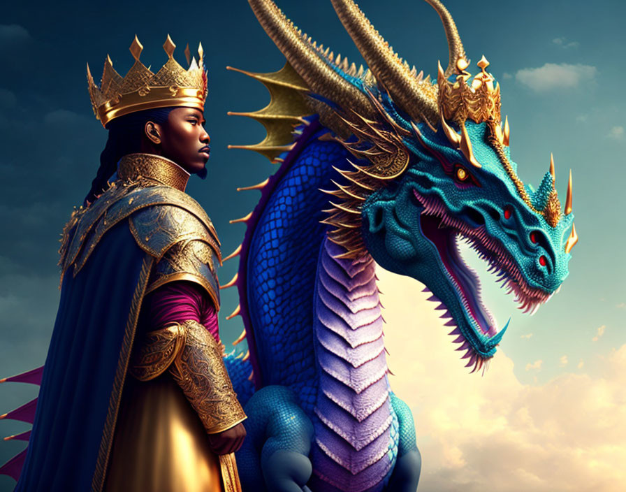 Majestic woman with golden crown and blue dragon under dramatic sky