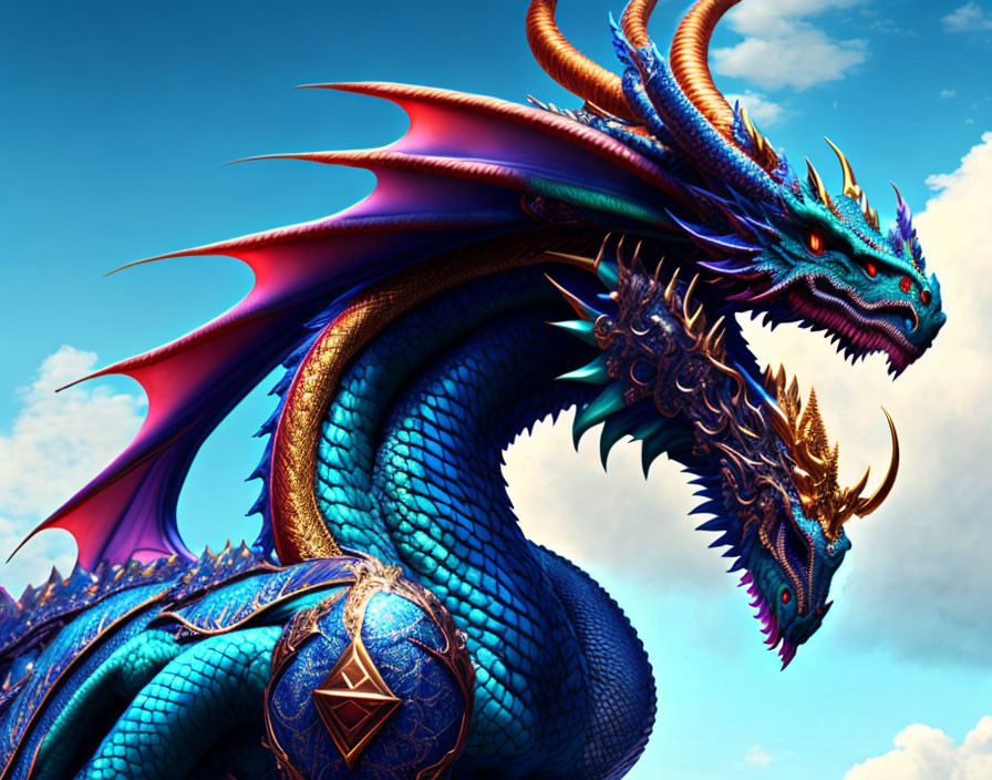 Colorful Digital Artwork: Blue Dragon with Red Wings and Golden Horns