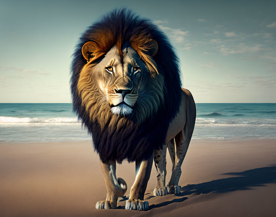 Majestic lion with voluminous mane on sandy beach with waves in background