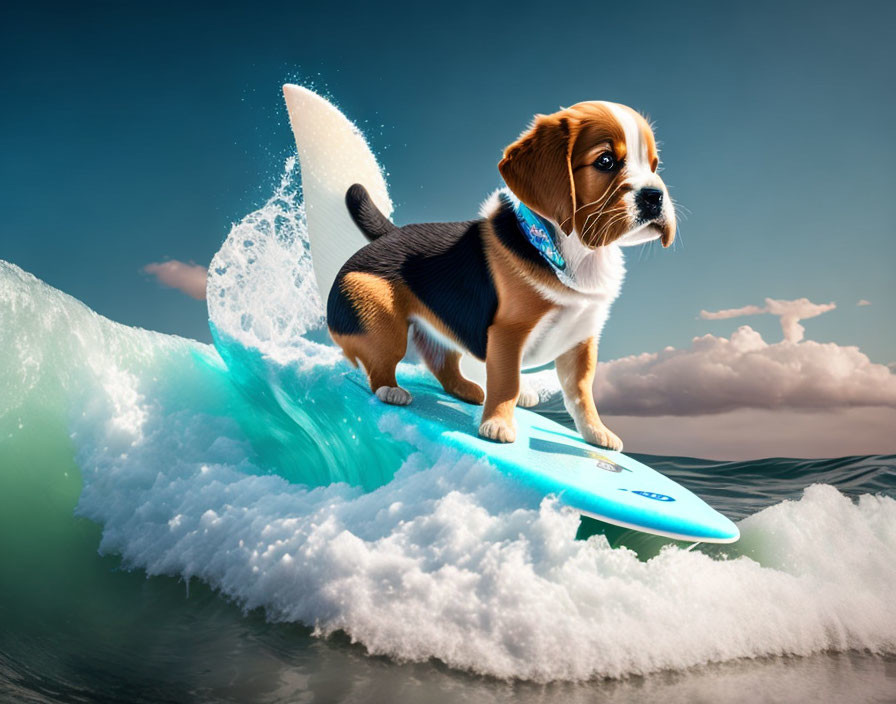 Adorable puppy on surfboard with blue collar in ocean wave