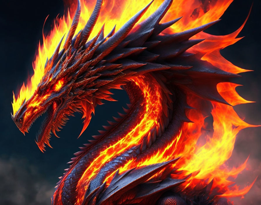 Fiery red dragon with glowing scales and intense gaze in flames