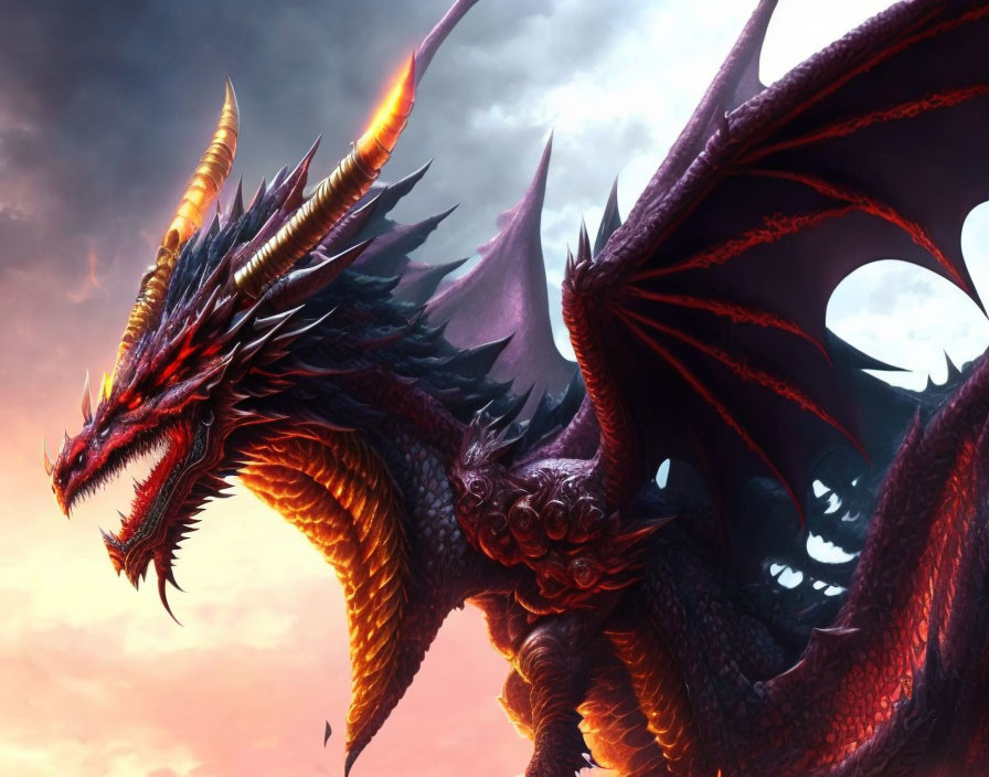 Red and Black Dragon with Glowing Eyes and Sharp Horns in Dramatic Sky