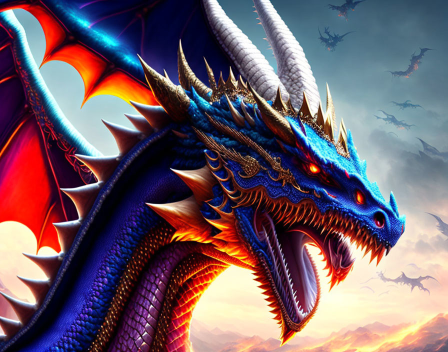 Detailed depiction: Blue dragon with sharp horns and red wings in dramatic sky, with distant flying dragons.
