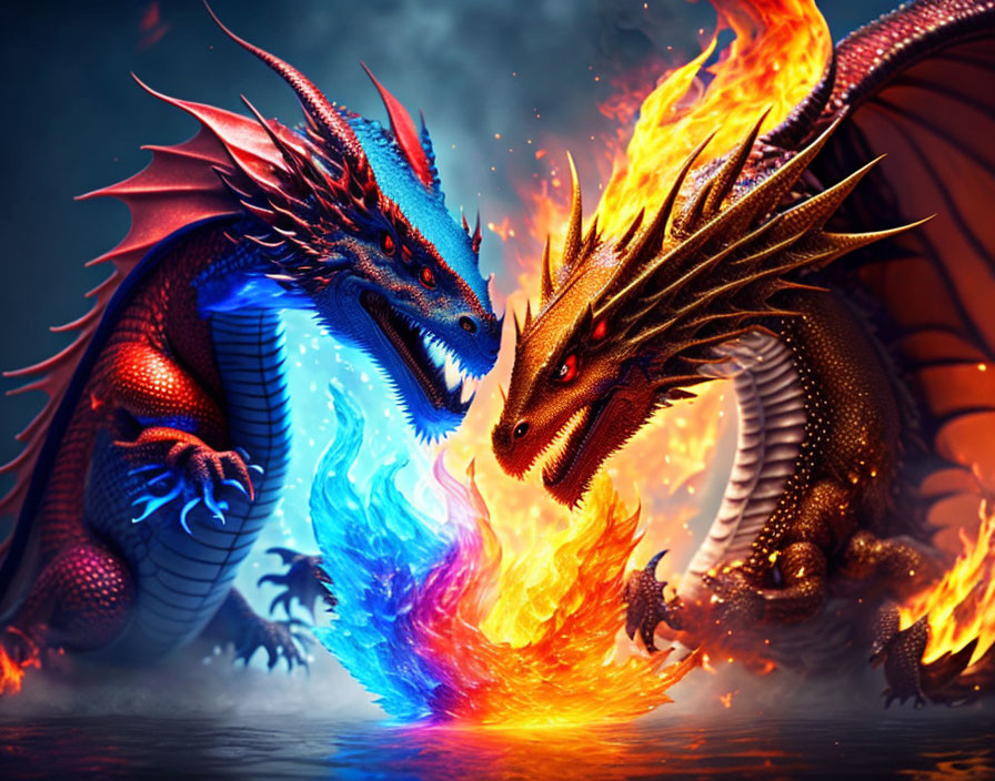 Blue and red dragons facing off in mystical scene