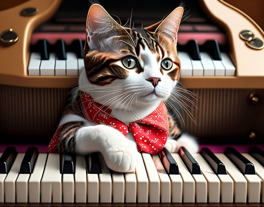 Tabby cat with red bandana on piano keys, observing internal strings.
