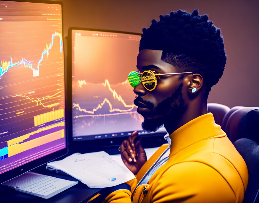 Stylish man in yellow blazer looks at financial charts on dual monitors