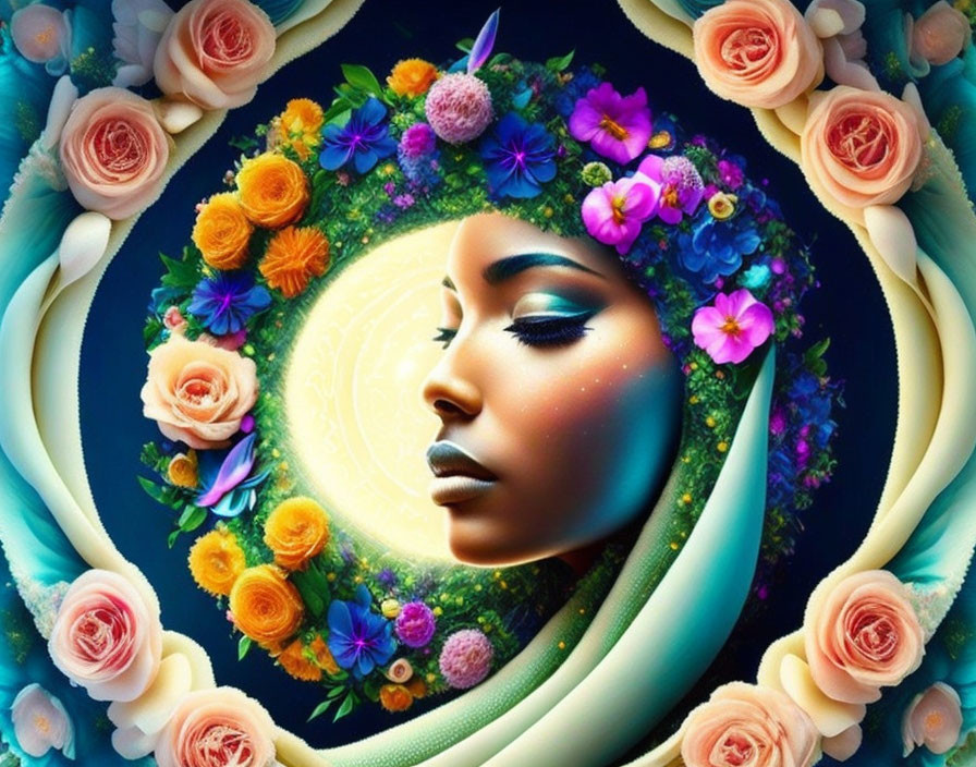 Colorful surreal portrait of a woman with floral and cosmic elements