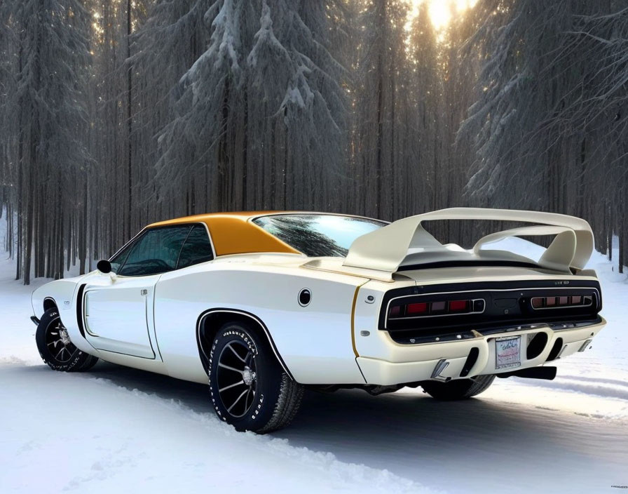 Vintage muscle car with black roof and spoiler parked on snow-covered road in dense pine forest